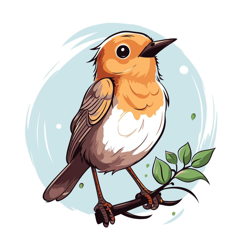 element illustration of a robin bird sitting on a branch with leaves vector