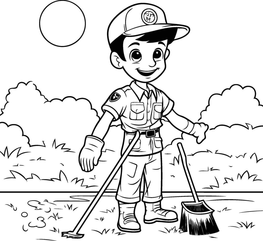 Boy in uniform of firefighter with broom on nature background black and white illustration vector