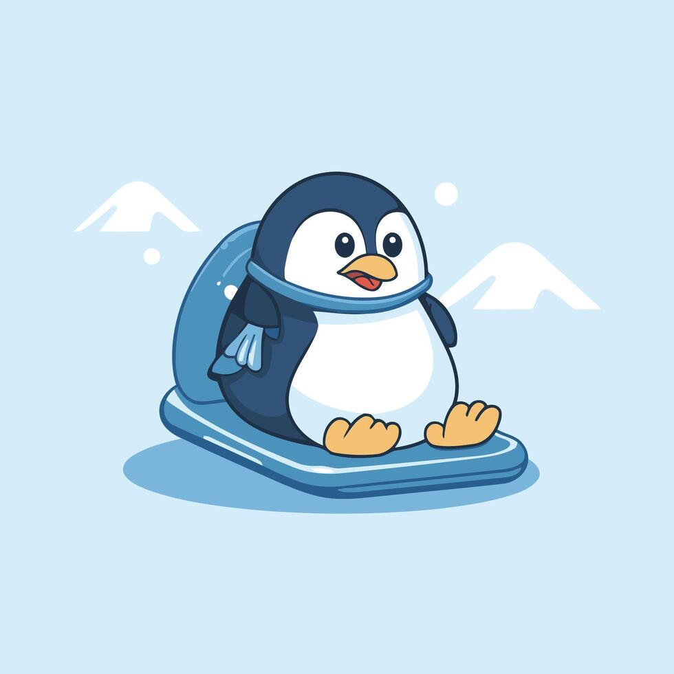 Cute penguin on sled illustration in cartoon style vector