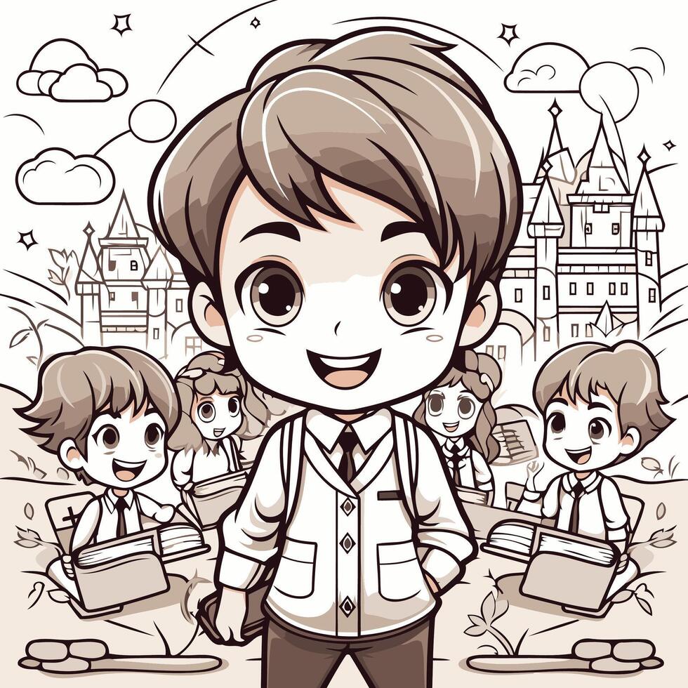 Cute school boy and girls in doodle style illustration vector