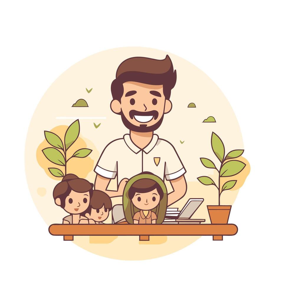 Father and children working on laptop illustration in cartoon style vector