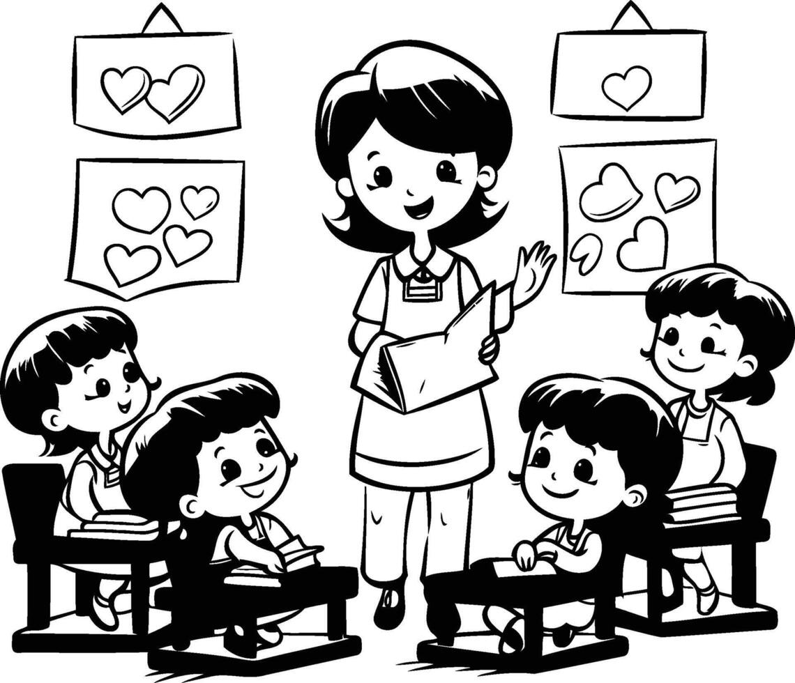 Teacher and children in classroom Black and white illustration vector