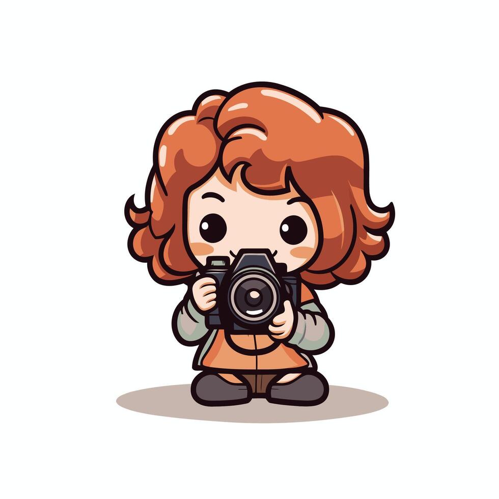 Cute little girl taking photo with camera cartoon illustration vector