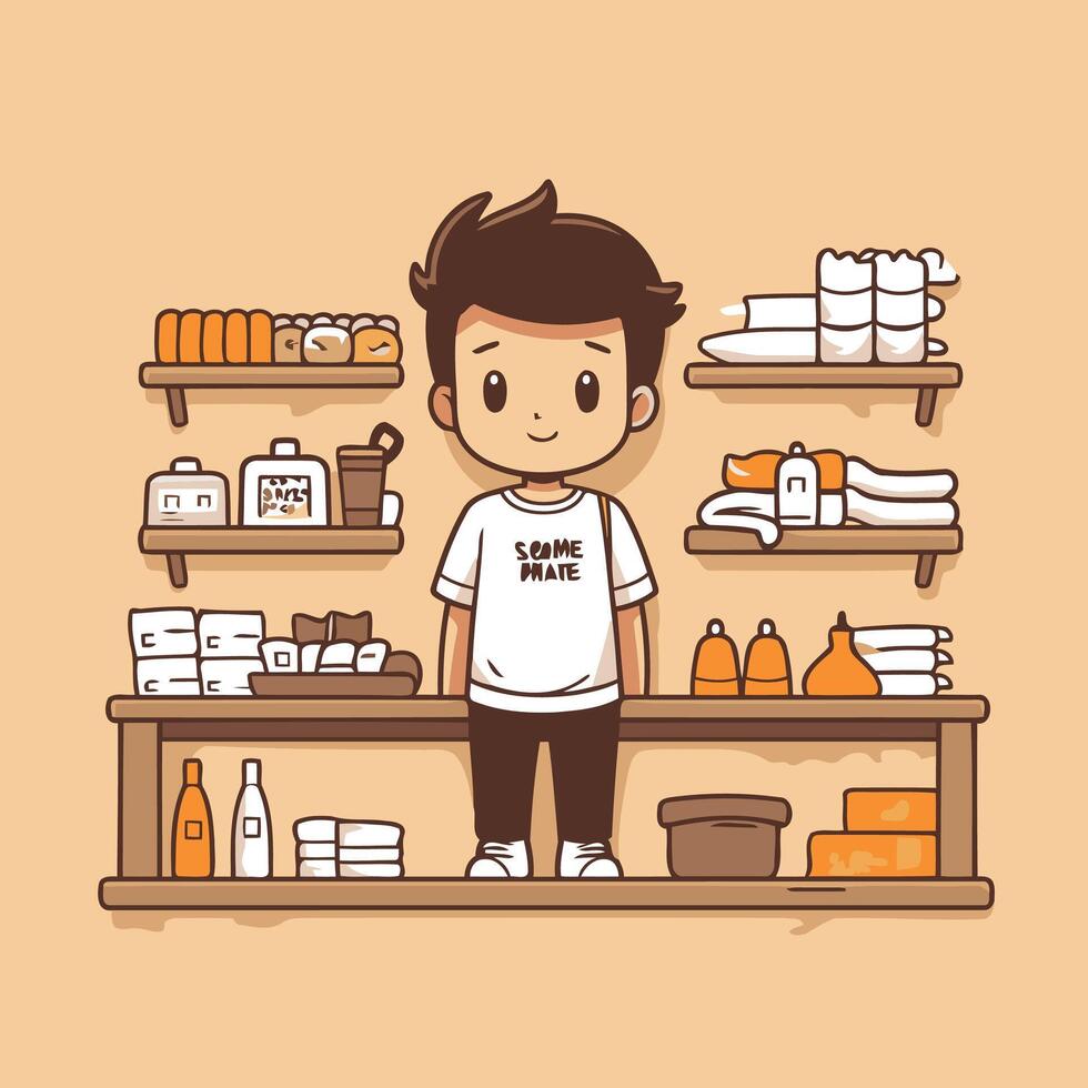 Cute boy shopping in supermarket illustration in cartoon style vector