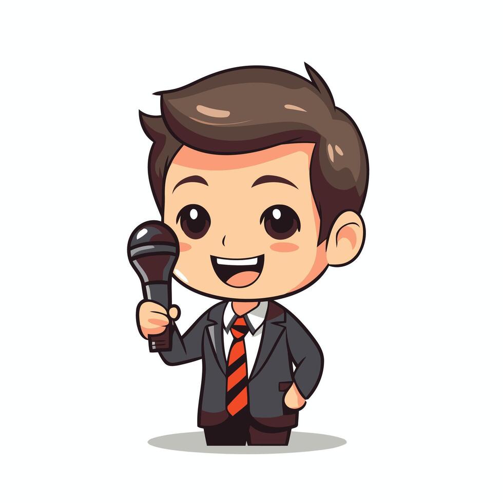 Businessman Holding Microphone Cute Cartoon Character Illustration vector