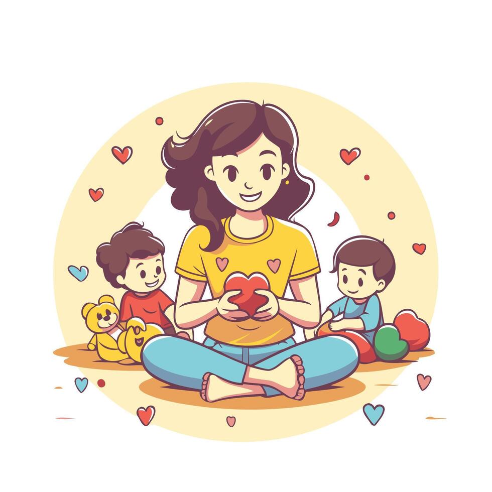 Mother with children illustration in cartoon style Happy family vector