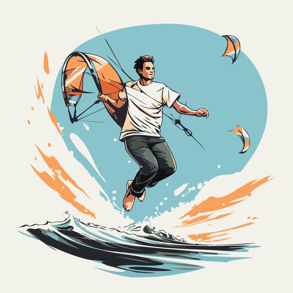 Kitesurfer in action illustration of kite surfing vector
