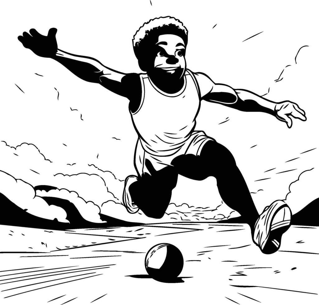 black and white illustration of a man playing cricket with ball vector
