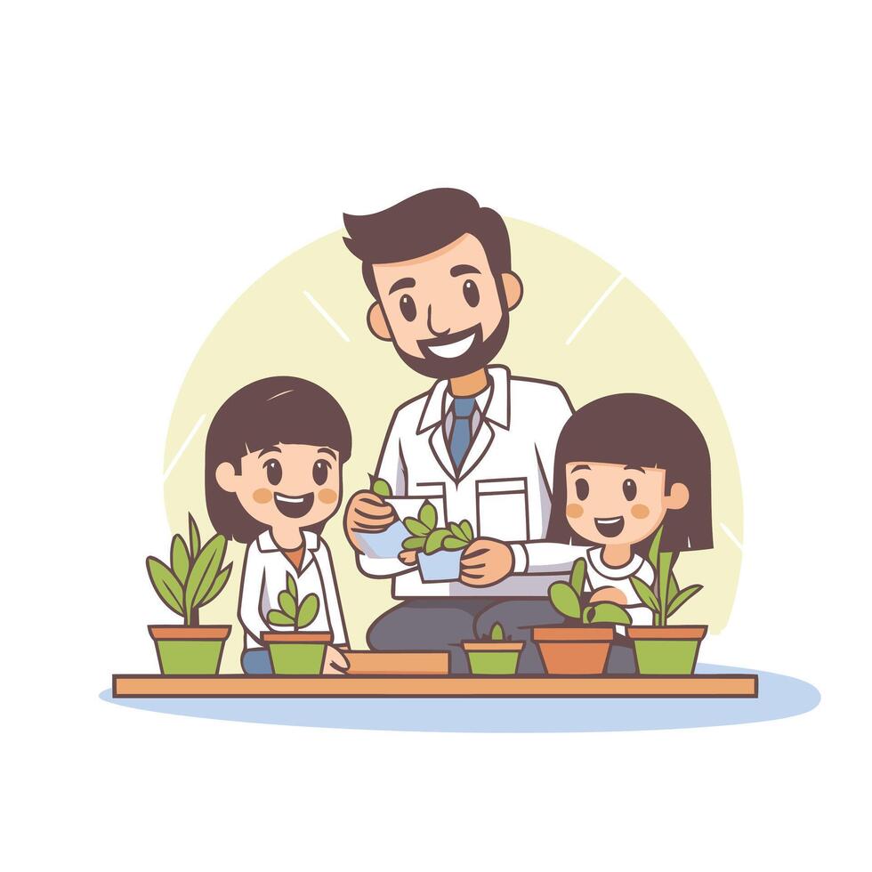 illustration of a man in a lab coat holding a plant in a pot vector