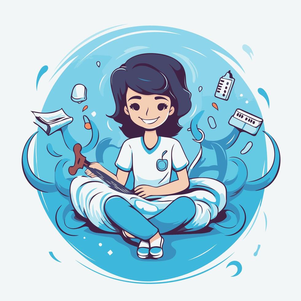 Girl playing the guitar illustration in cartoon style on a blue background vector