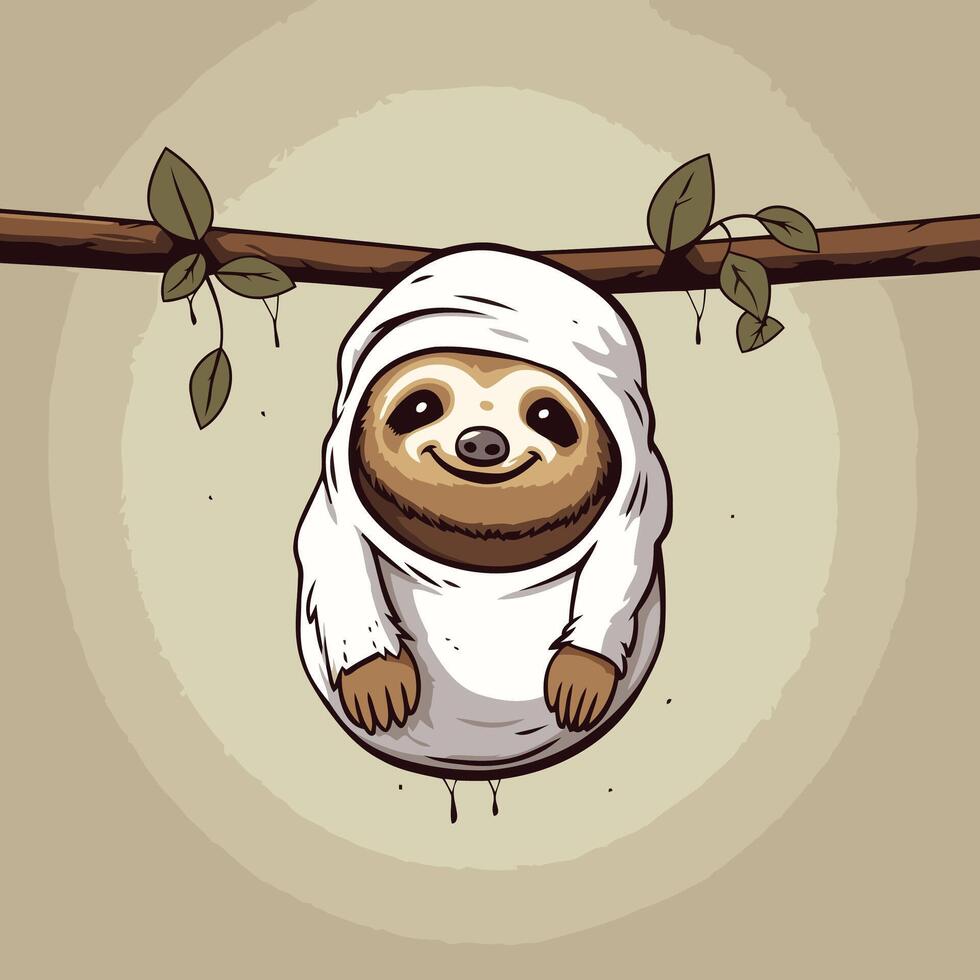 Cute cartoon sloth hanging on a branch illustration vector