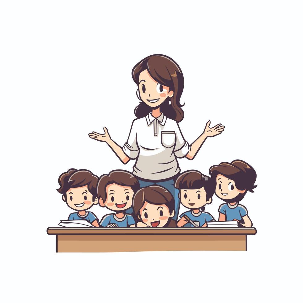 Teacher and children in classroom illustration in cartoon style vector