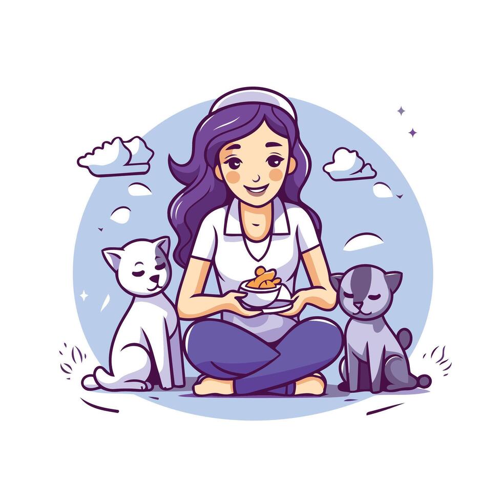 Cute girl with cats illustration in a flat style vector