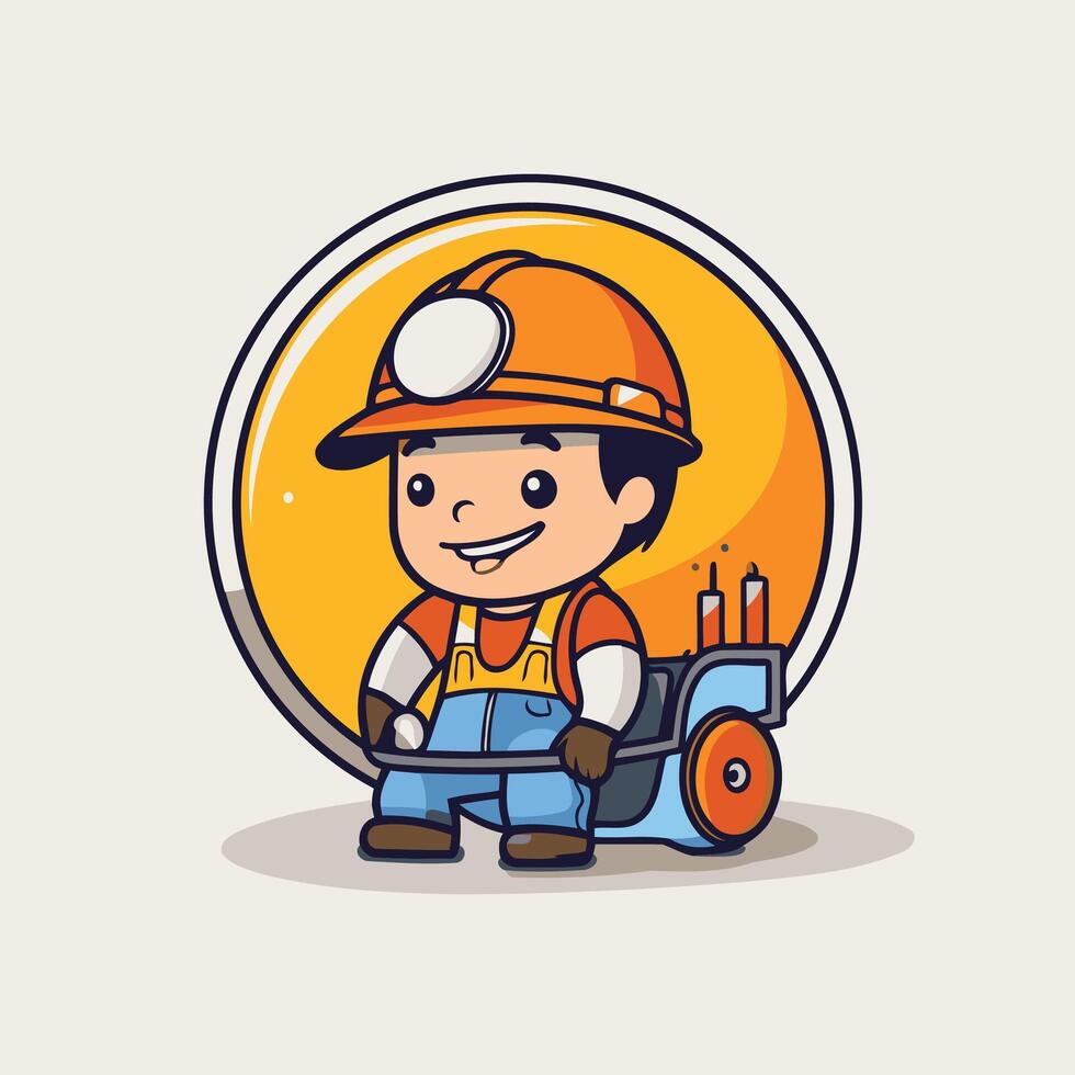 construction worker boy with wheelbarrow and helmet illustration vector
