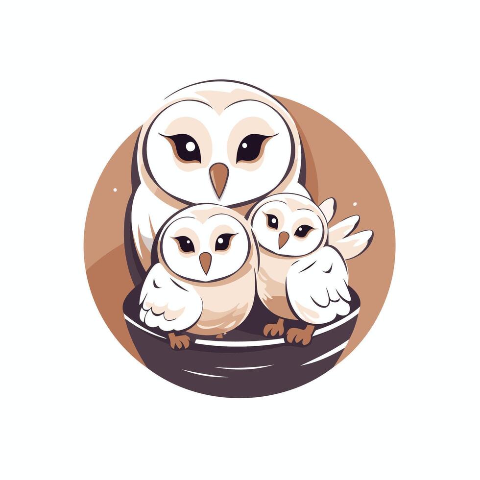 Owl family with two children illustration in cartoon style vector