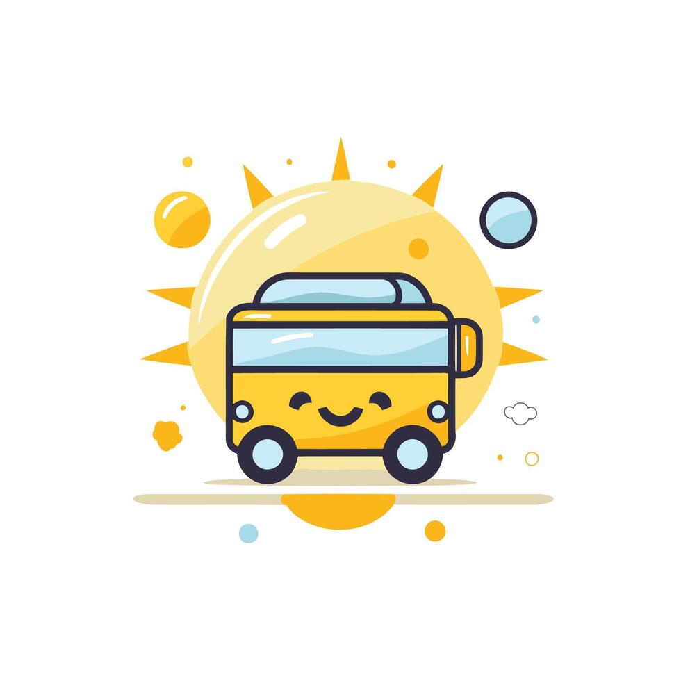 Cute yellow bus with smiling face illustration in flat style vector