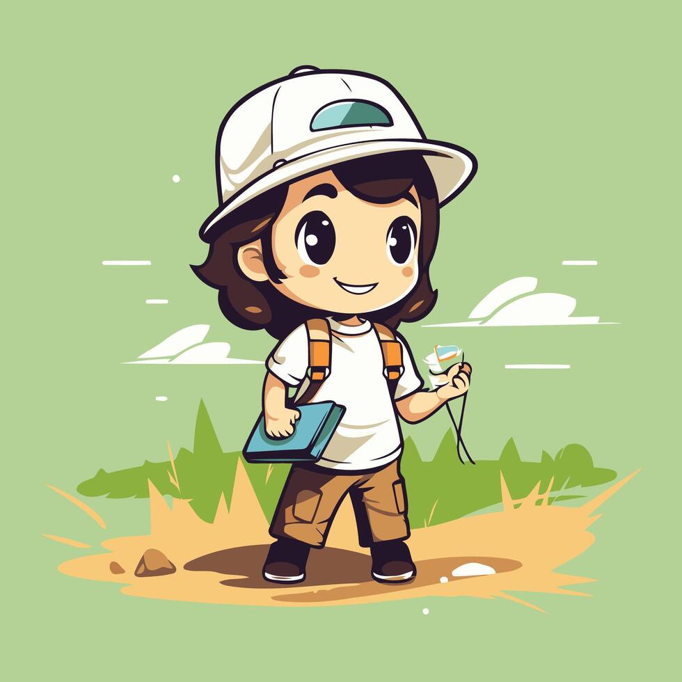 Illustration of a Cute Little Boy Hiking in the Countryside vector