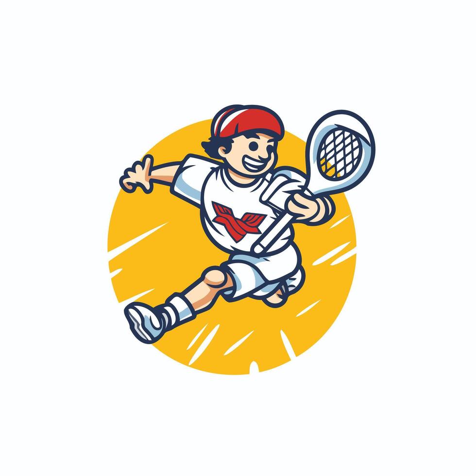 Cartoon illustration of a little boy playing tennis illustration vector