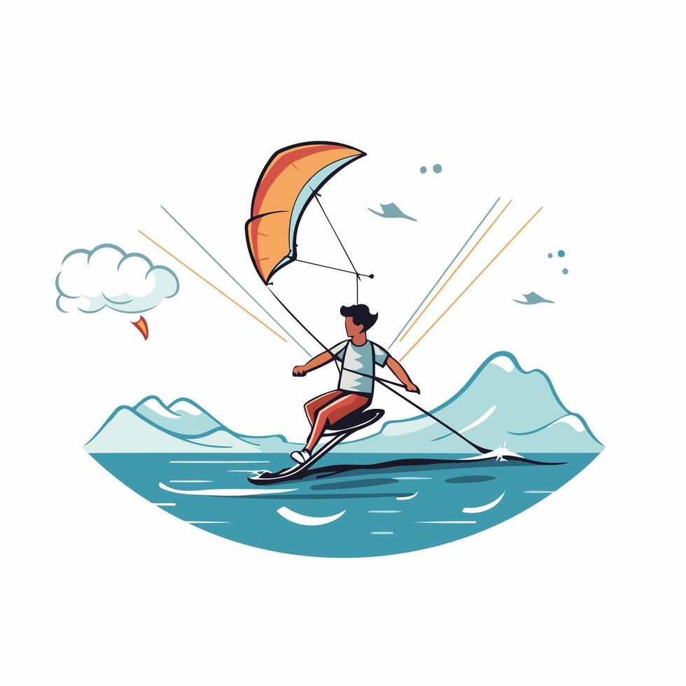 Kitesurfing illustration of a man riding a kite on the waves vector