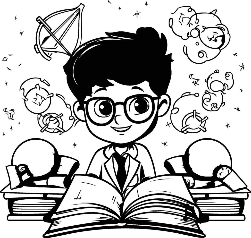 Black and White Cartoon Illustration of Boy Student Reading a Book at School vector
