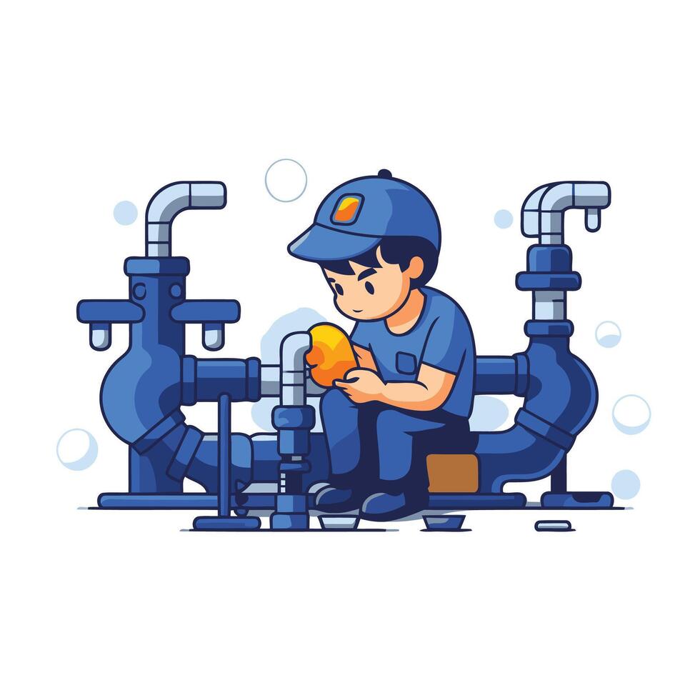 Plumber repairing water pipe flat illustration in cartoon style vector