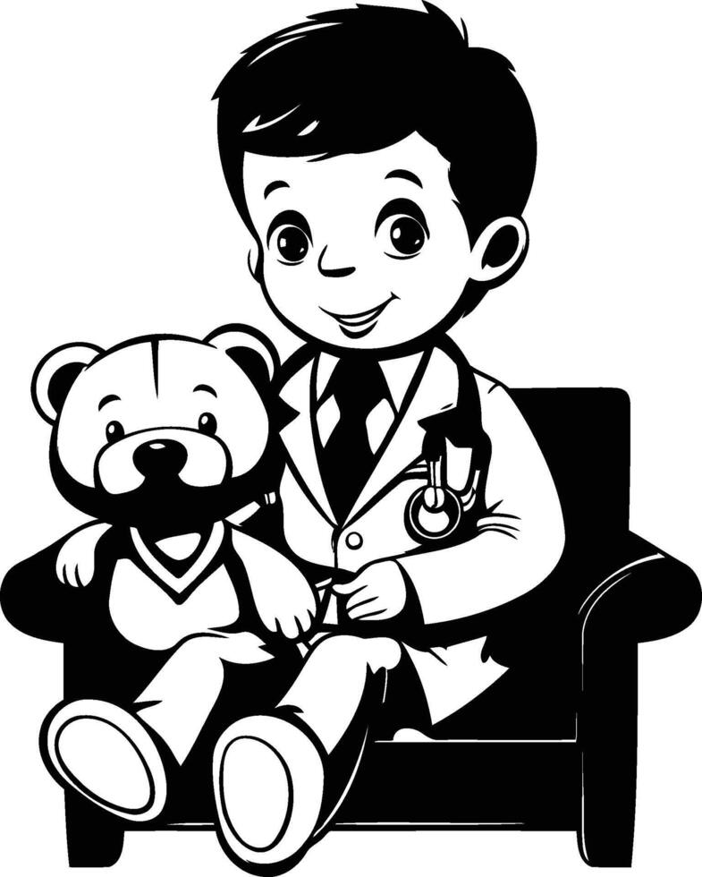 Doctor and teddy bear sitting on the sofa illustration vector