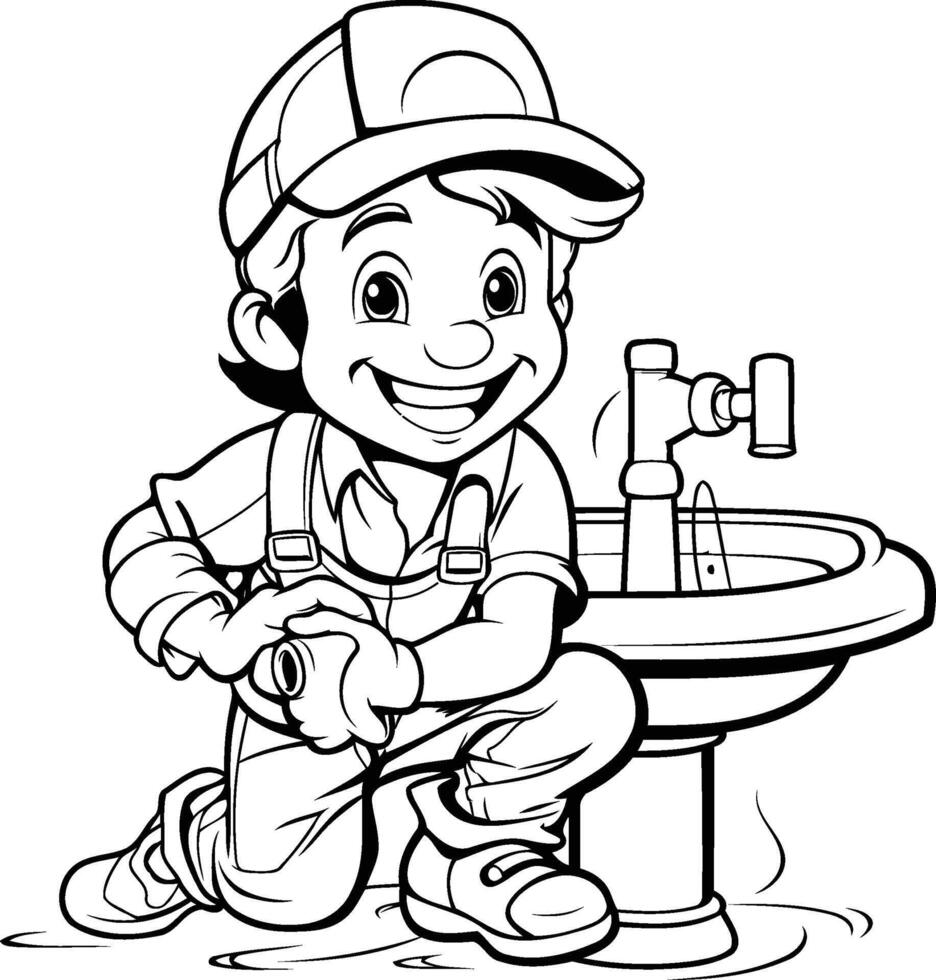 Black and White Cartoon Illustration of Little Boy Plumber Repairing a Sink for Coloring Book vector