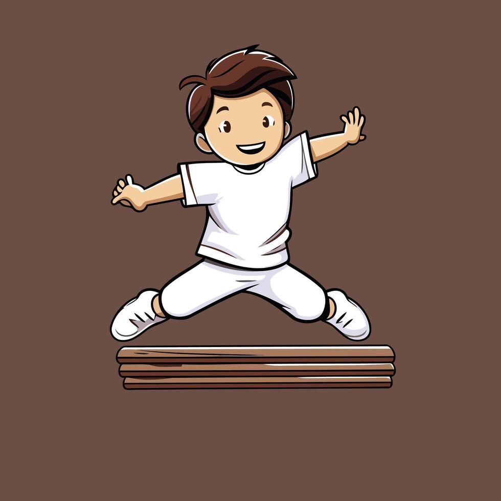 Boy jumping on a stack of books cartoon illustration isolated on brown background vector