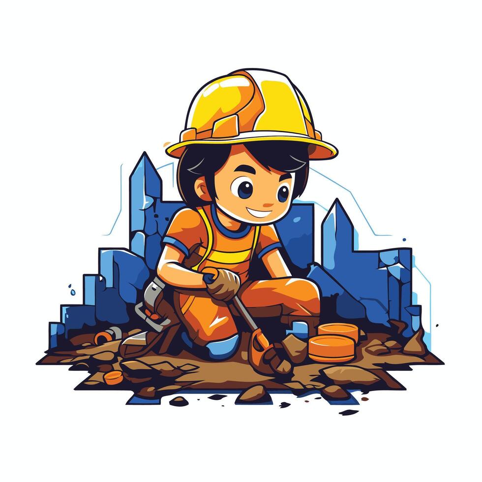 Cartoon boy construction worker with a shovel and helmet illustration vector