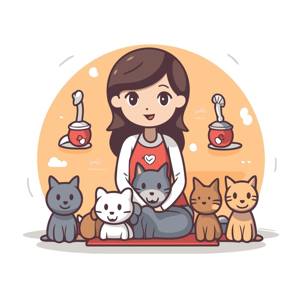 Cute little girl with cats illustration in cartoon style vector