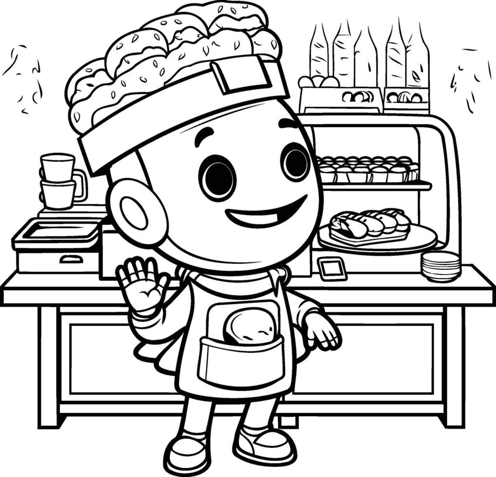 Black and White Cartoon Illustration of Little Boy Chef Character in the Bakery Shop vector