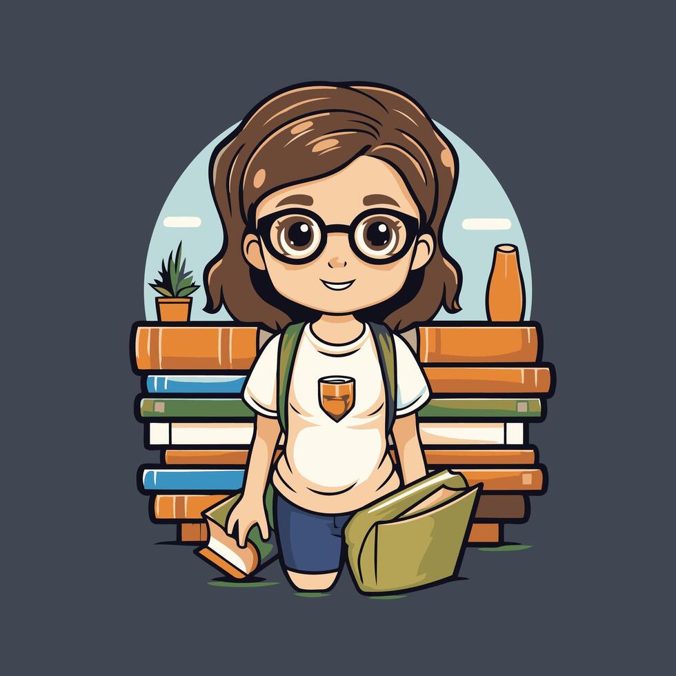 Cute little schoolgirl with books illustration in cartoon style vector