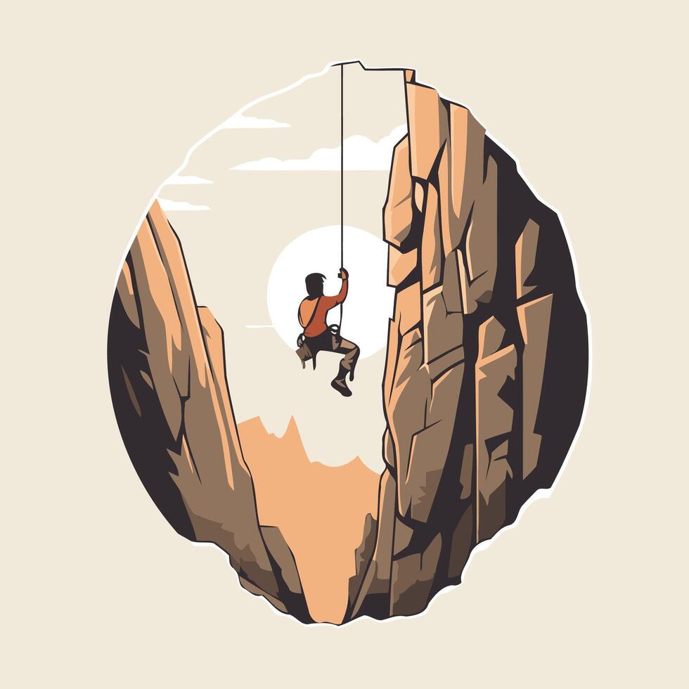 Rock climber climbing on a cliff illustration in retro style vector