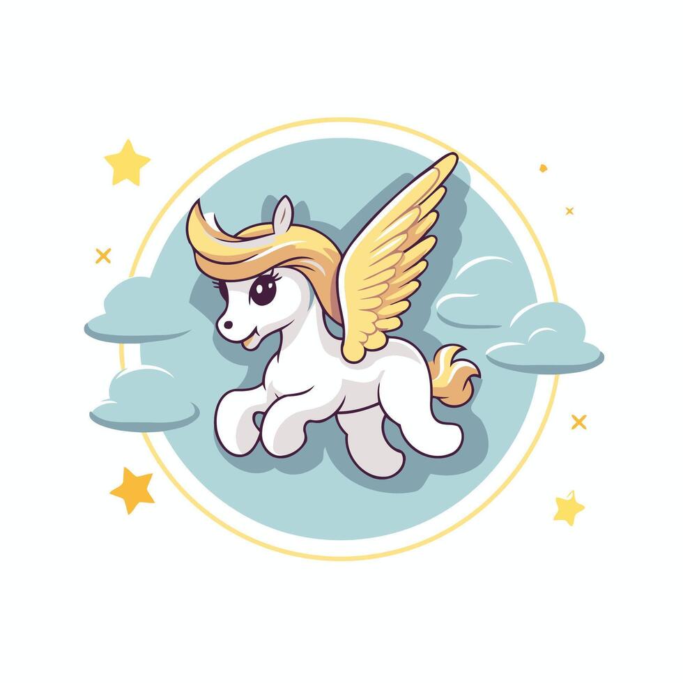 Cute cartoon unicorn with wings on the clouds illustration vector