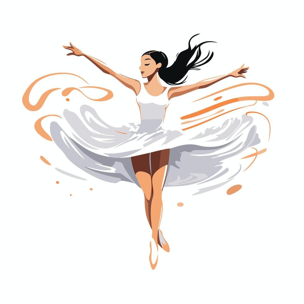 illustration of a beautiful woman in a white dress jumping in the wind vector