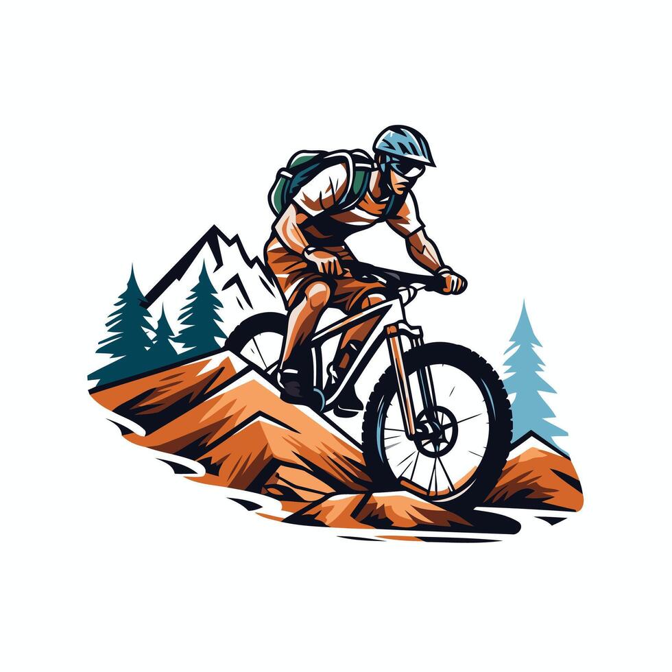 Mountain biker in the mountains illustration on white background vector