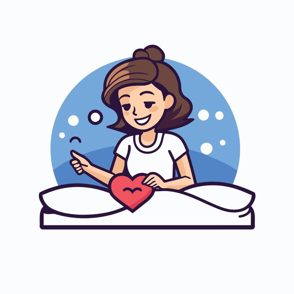 Woman lying in bed with a red heart in her hands illustration vector