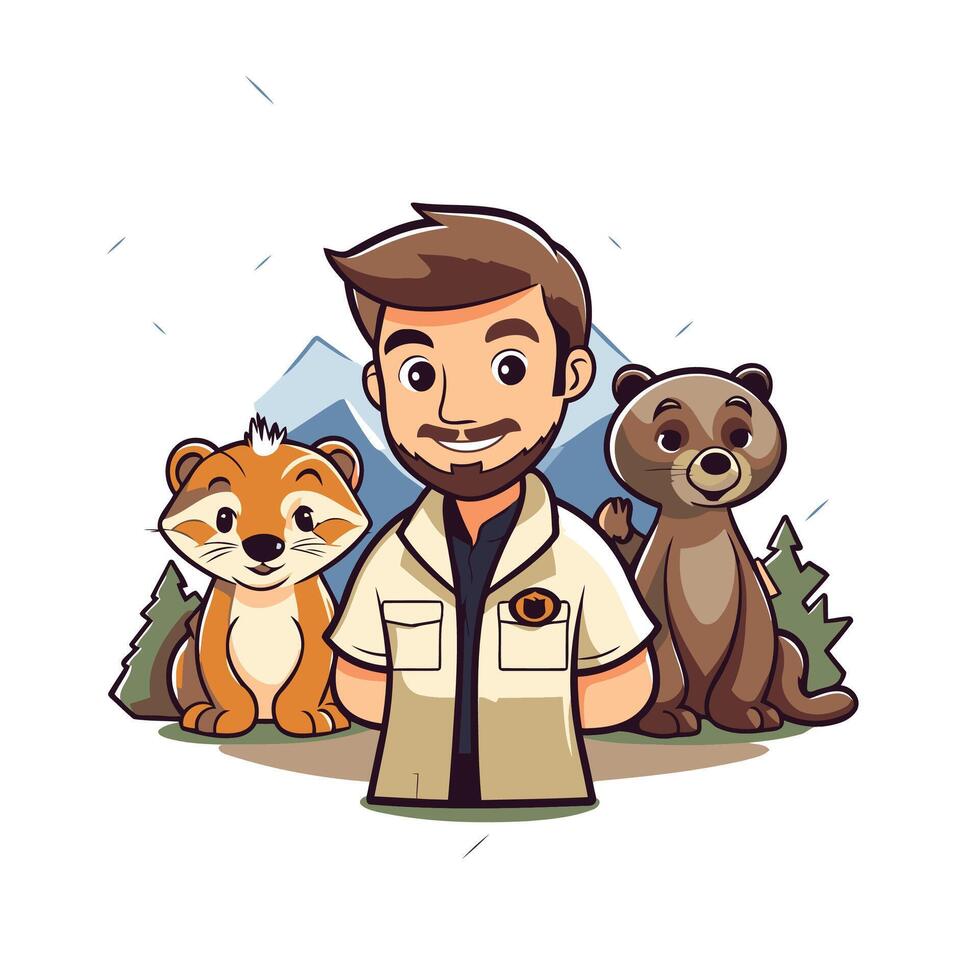 cartoon illustration of a man in a work uniform with a group of animals vector