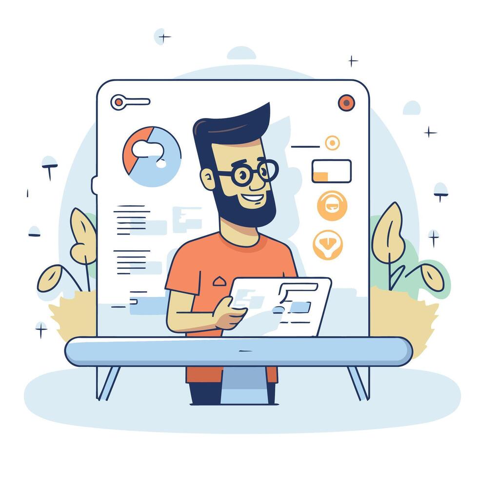 illustration of a young man with beard and glasses using a laptop vector