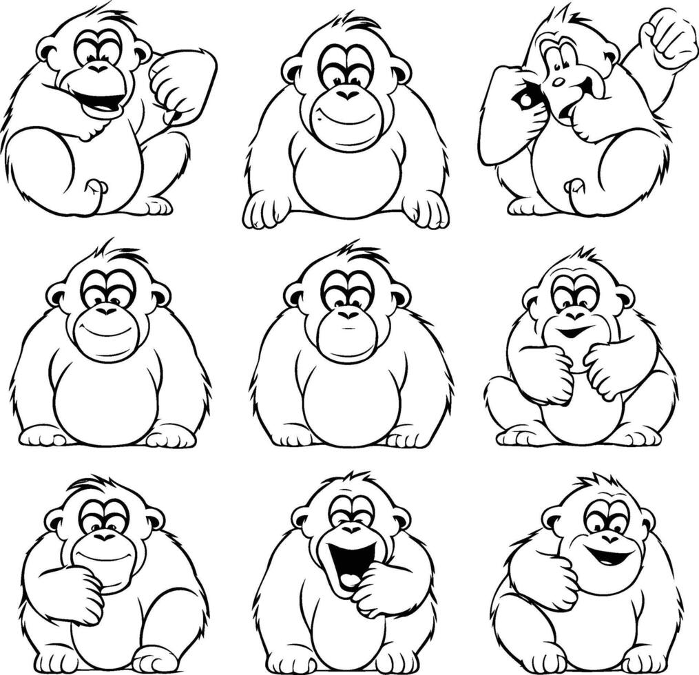 Monkey cartoon character set Black and white illustration for coloring book vector