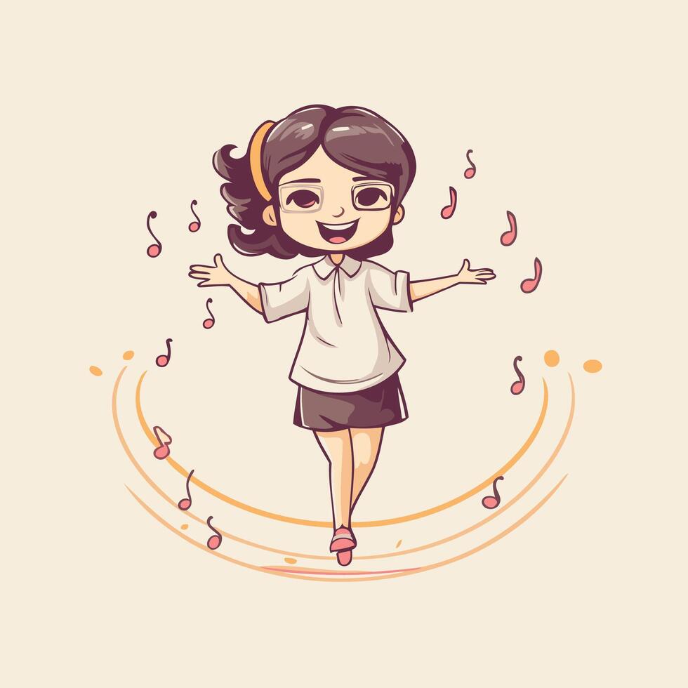 Cute little girl dancing and listening to music illustration vector