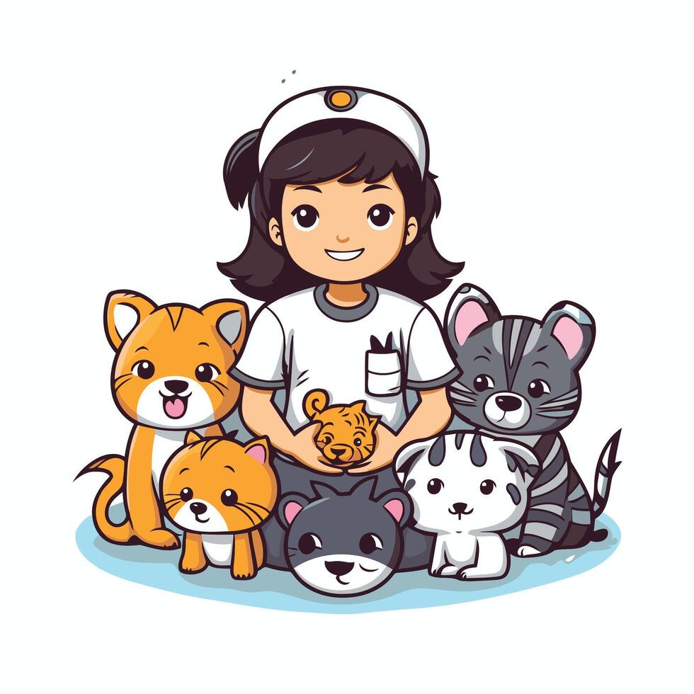 element illustration of a cute little girl nurse with a group of dogs vector