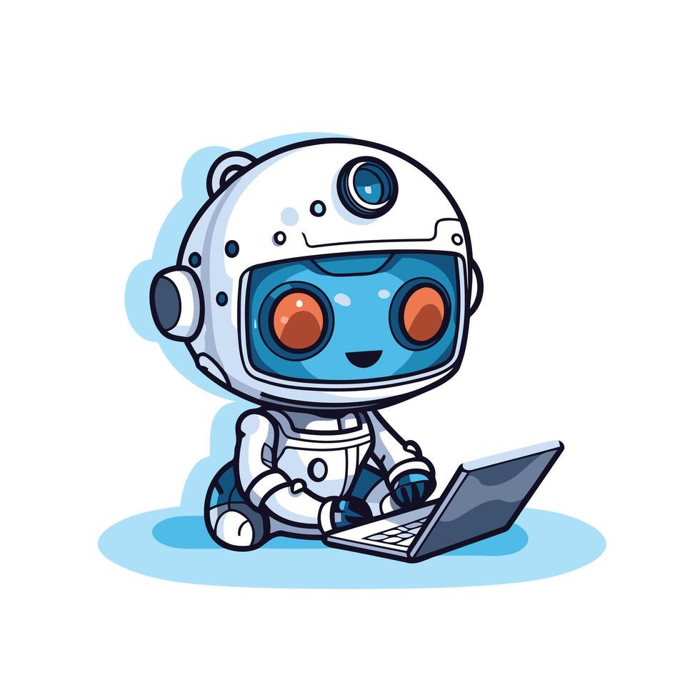 Cute robot working on laptop cartoon illustration isolated on white background vector