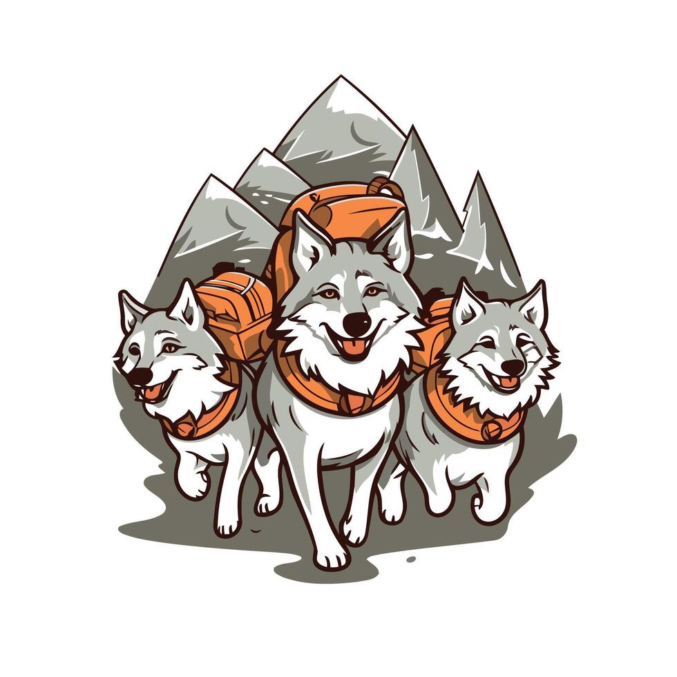 illustration of a group of dogs with backpacks on the mountains vector