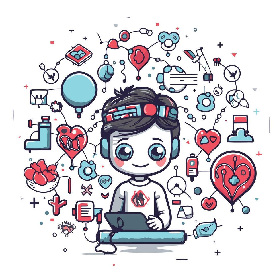 Cute boy with laptop and social media icons illustration vector