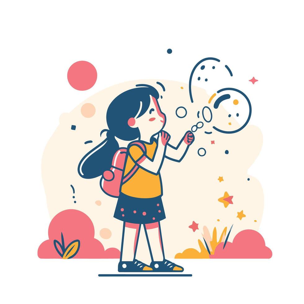 element illustration of a girl with a backpack blowing soap bubbles in the air vector