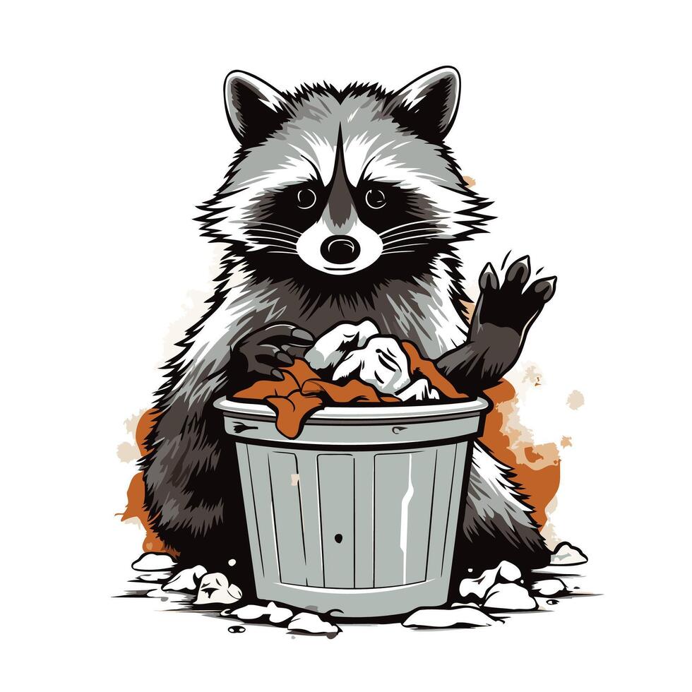 Raccoon in the trash can illustration on white background vector