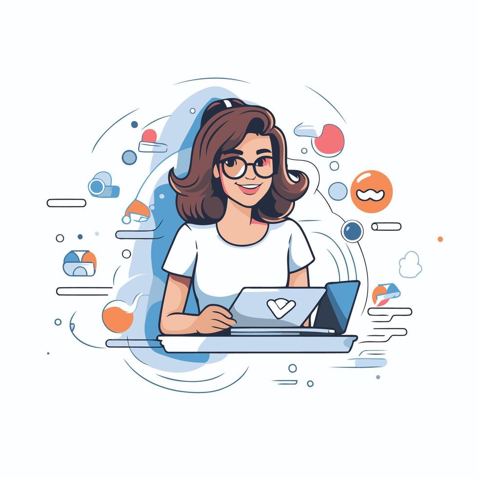 Young woman working on laptop illustration in thin line style vector