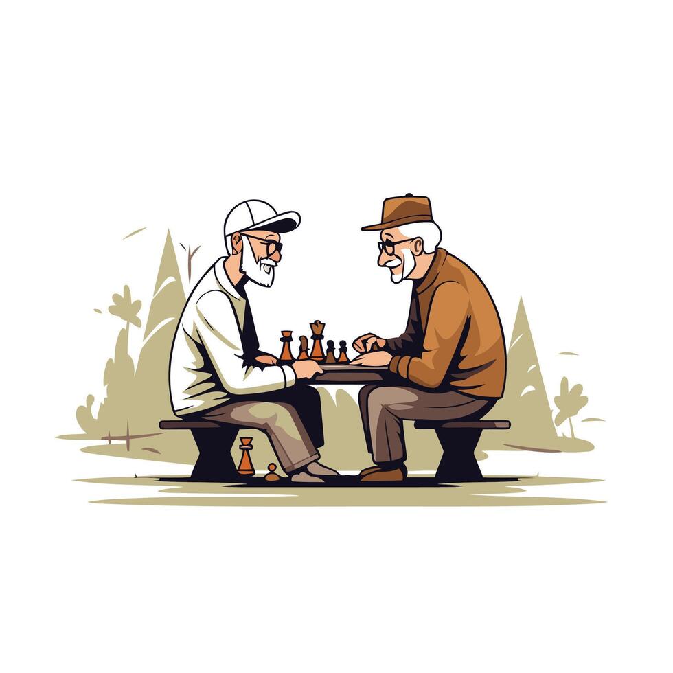 Two old men playing chess in the park illustration in cartoon style vector