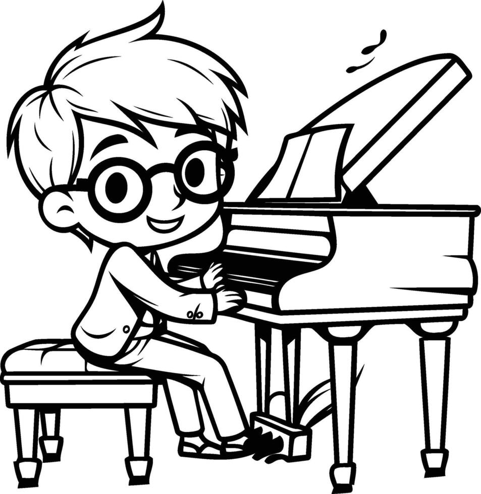 Boy playing grand piano Black and White Cartoon Illustration vector
